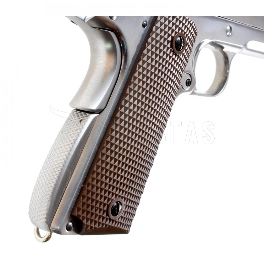 Airsoftová pištoľ WE 1911 (M. Chrome, hnedá rukoväť)