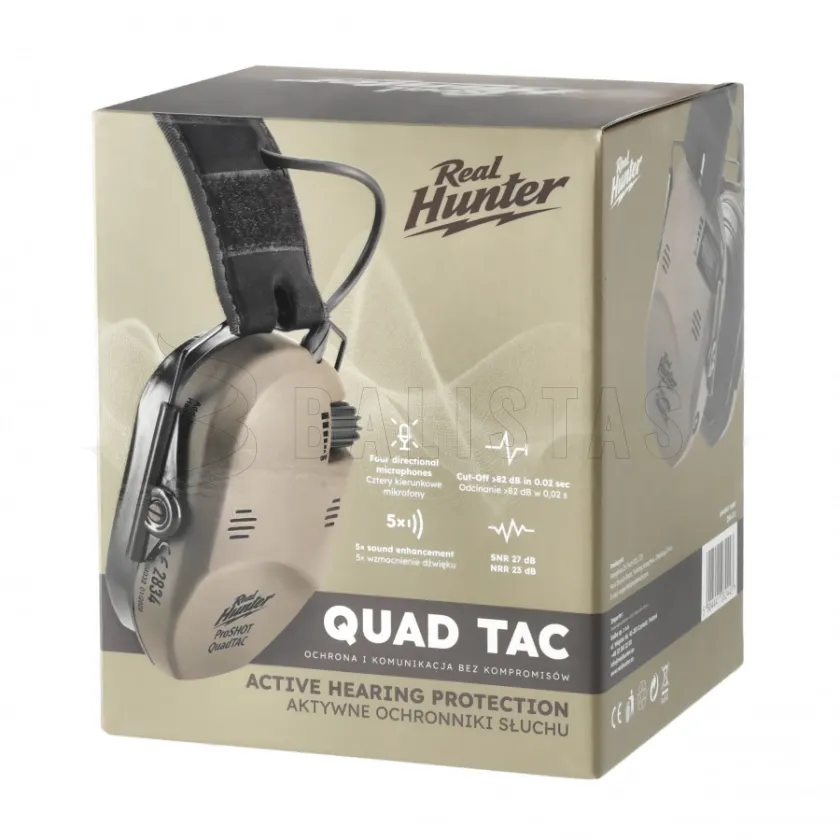 Aktívne strelecké slúchadlá RealHunter Active ProSHOT QuadTAC FDE 9